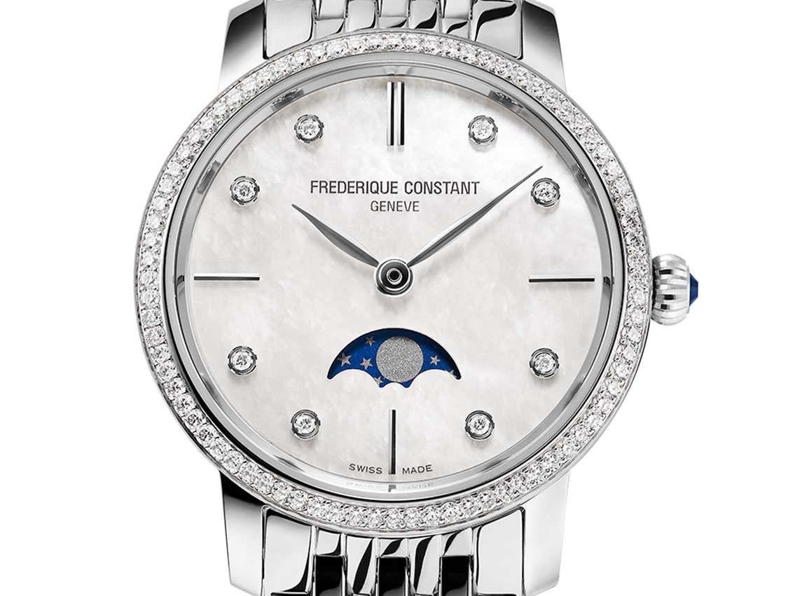 Frederique Constant Ultra Slim Ladies Stahl Diamanten Perlmutt Quarz Mondphase Armband Stahl 30mm Ref.FC-206MPWD1SD6B Box&Pap. Full Set Neu