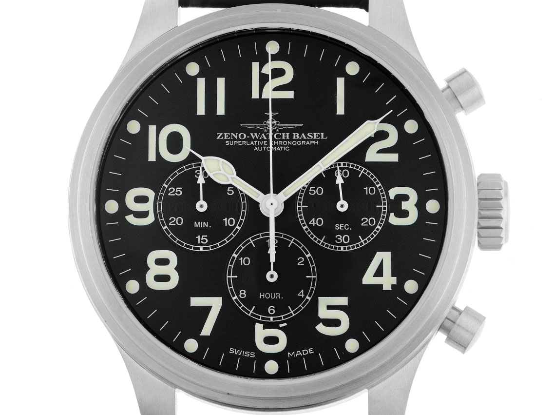 Zeno Watch OS Pilot Stahl Automatik Chronograph Armband Leder 47mm Box&Pap. Full Set Neu