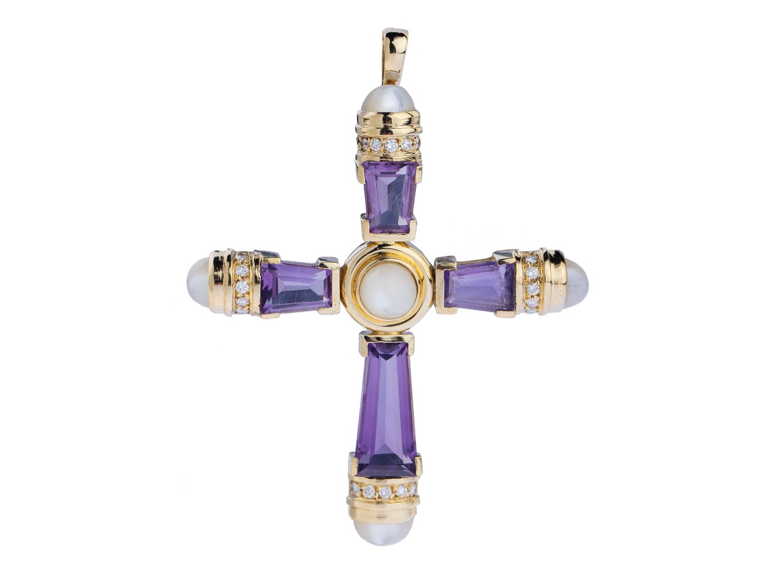 Anhänger Kreuz 18kt Gelbgold 19,6g Diamanten 0,40ct Amethyst Mondstein