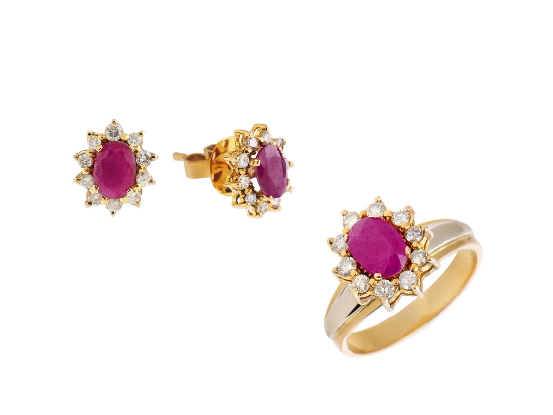Schmuckset Ring Ohrstecker 14kt Gelbgold 3,7g Diamanten 0,90ct Rubin 