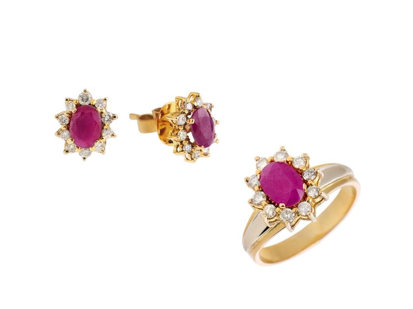 Schmuckset Ring Ohrstecker 14kt Gelbgold 3,7g Diamanten 0,90ct Rubin