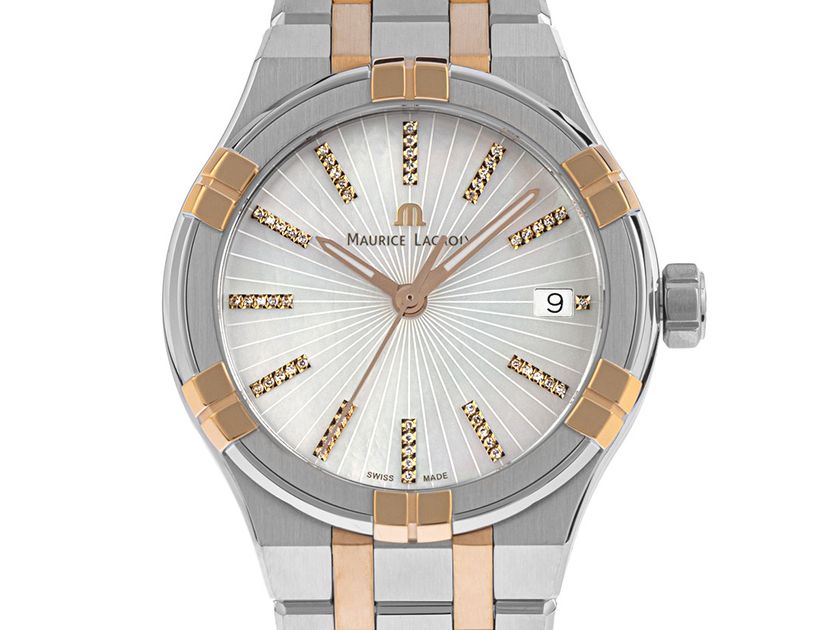Maurice Lacroix Aikon Date Stahl Gelbgold PVD beschichtet Diamanten Perlmutt Quarz Armband Stahl Gelbgold 35mm Box&Pap. Full Set Neu