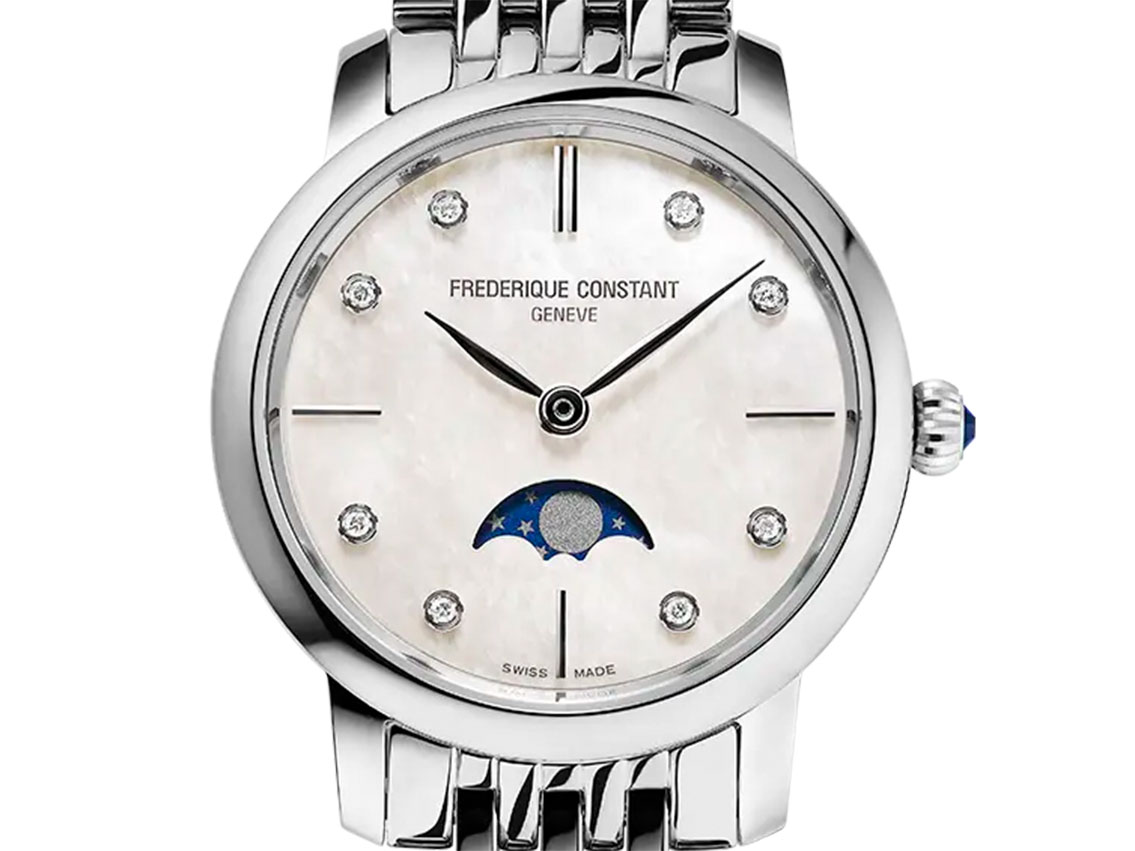 Frederique Constant Ultra Slim Ladies Stahl Diamanten Perlmutt Quarz Mondphase Armband Stahl 30mm Ref.FC-206MPWD1S6B Box&Pap. Full Set Neu