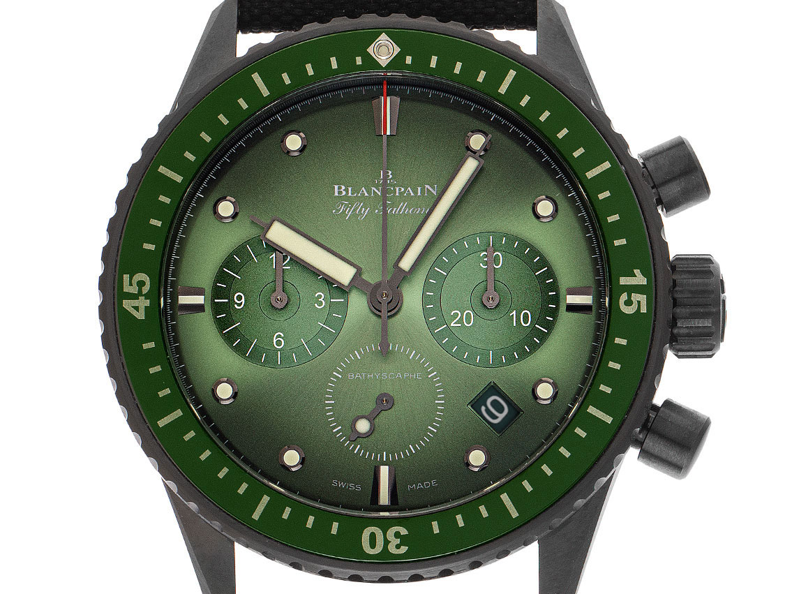 Fifty Fathoms Bathyscaphe Chronograph Flyback Keramik Armband Textil 43 6mm Ungetragen