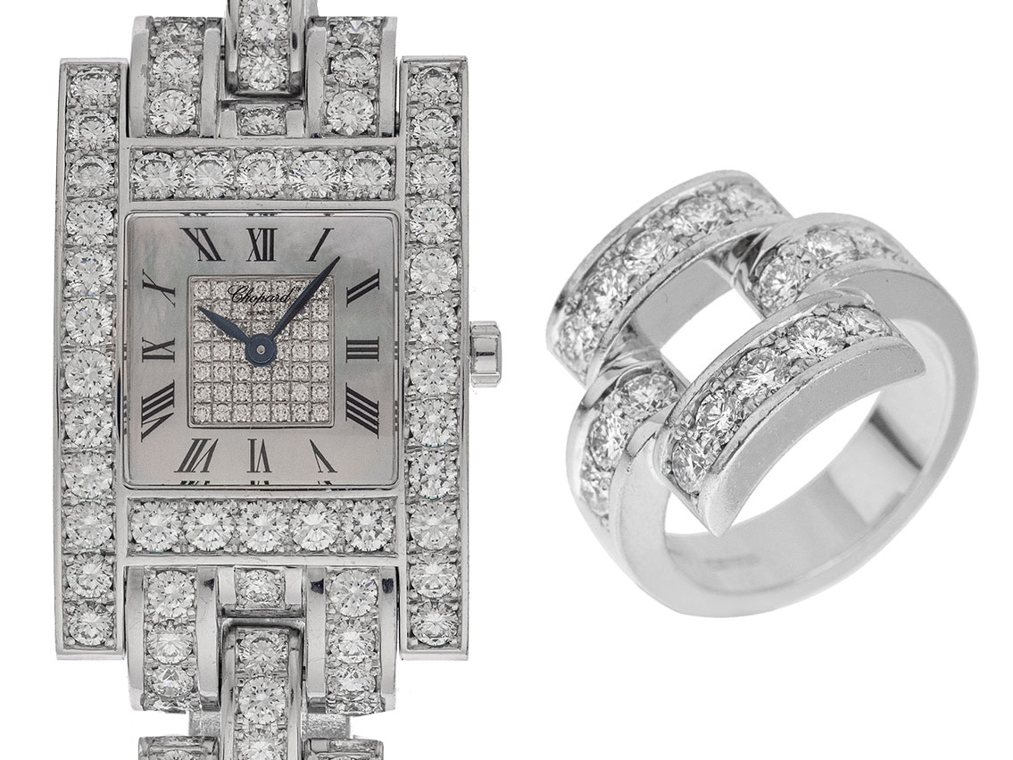 Chopard Schmuckset Damenuhr und Ring Diamanten 17,59ct Ref.106844-1002 original Box sehr gut Vintage
