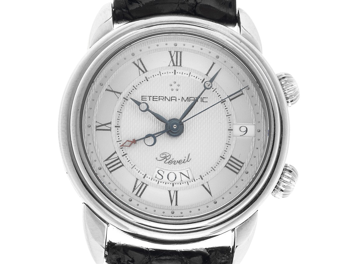 Eterna Reveil Alarm Day-Date Edelstahl Armand Leder 37mm