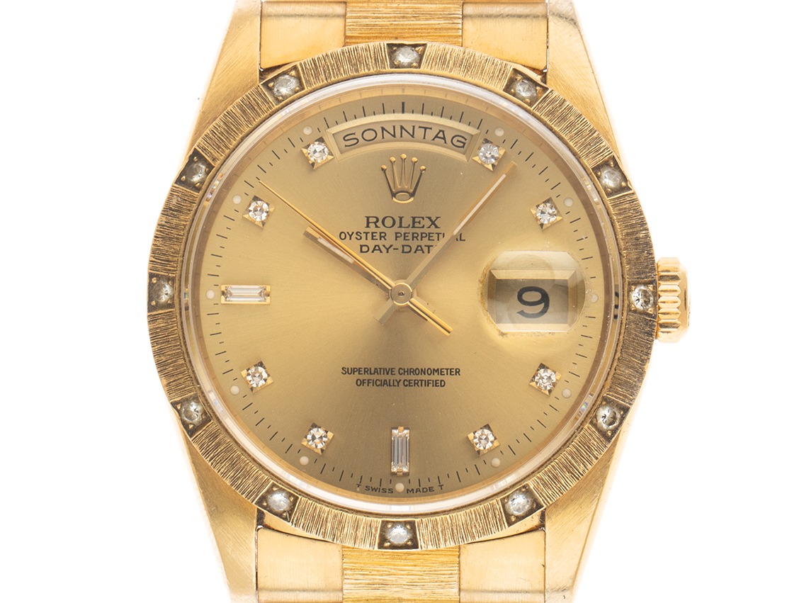 Rolex Day Date 18kt Gelbgold Diamanten Rindengravur Ref.18308 Bj.1990 Full Set sehr gut Vintage