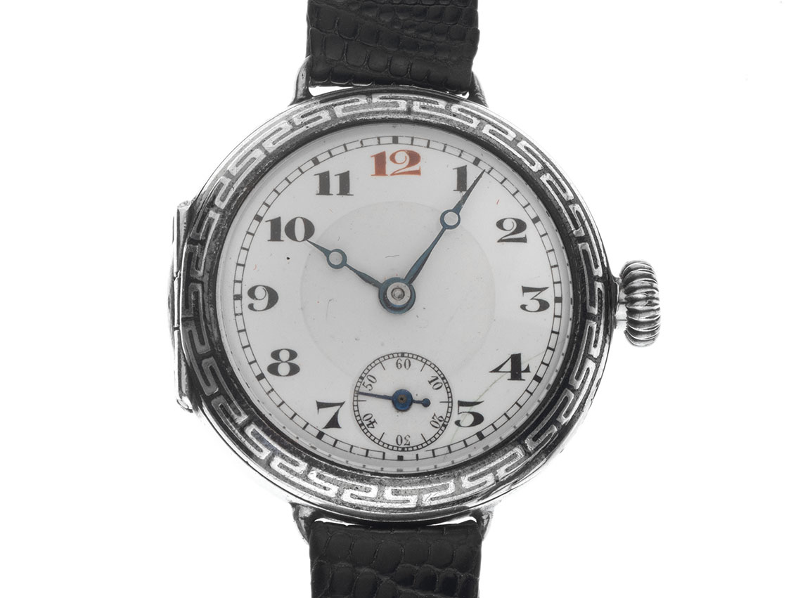 Rolex 935 Silber Klappdeckel Trench WW Niello Verzierung 1910 original Box original unpoliert
