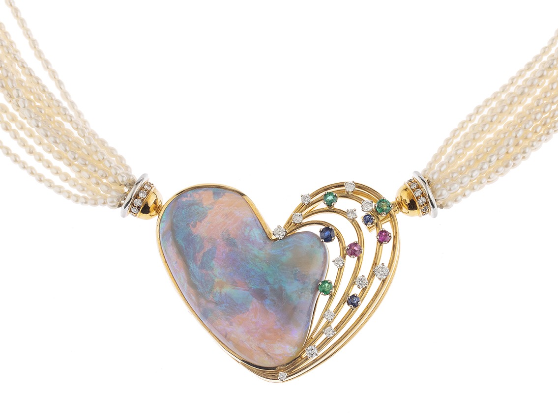 Halskette Herz 18kt Gelbgold 54,6g Südseezuchtperlen Opal Diamanten 0,60ct Smaragde 0,25ct Saphire 0,15ct 460mm 