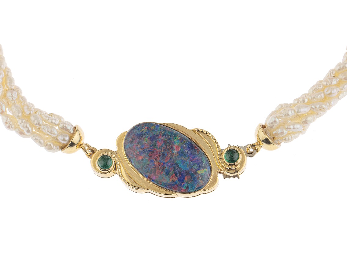 Halskette 18kt Gelbgold 42,0g Süßwasserperlen Opal Smaragde 0,20ct 420mm 