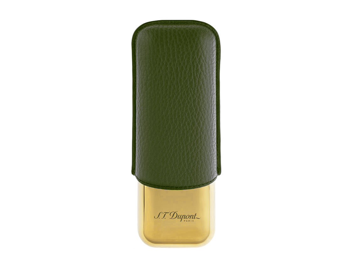 S.T. Dupont 2er Zigarren Etui Stahl Goldfinish Leder Kaki Ref.183269 Full Set