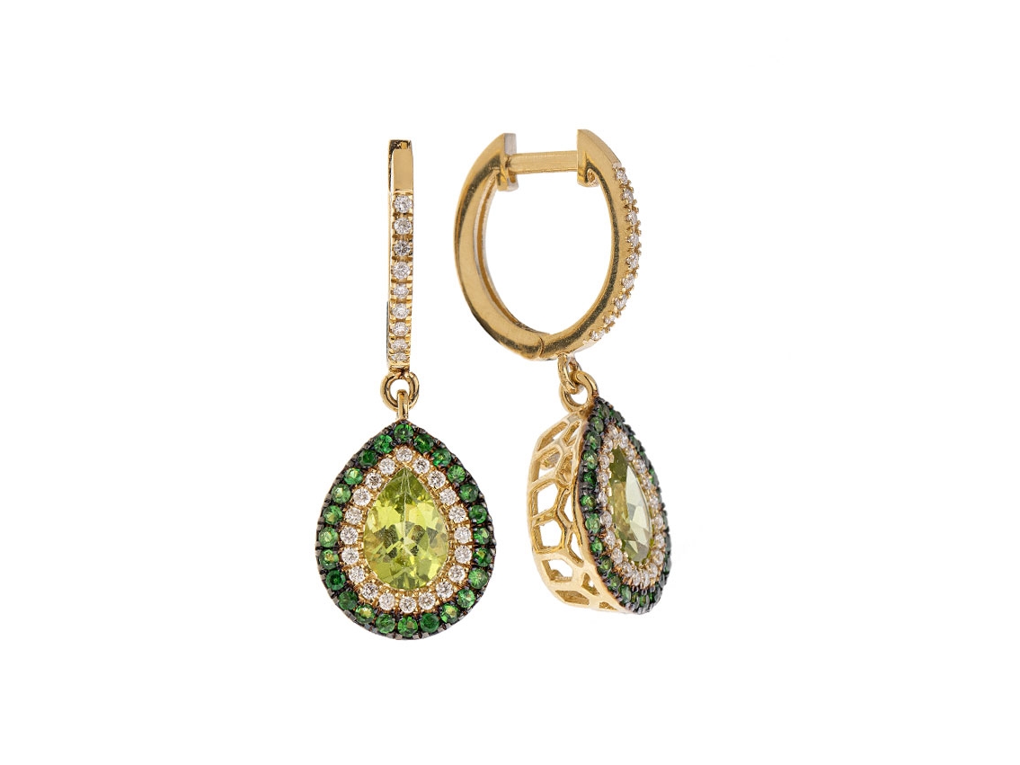 Palido Ohrring Tropfen 18kt Gelbgold 4,2g Diamanten 0,24ct Peridot 1,36ct Tsavorit 0,36ct 