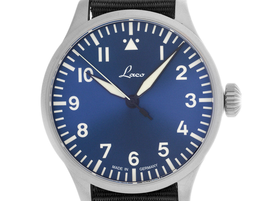 Laco Fliegeruhr Basis Augsburg Blaue Stunde 42 Ref.862100 Stahl Automatik Armband Textil 42mm Box&Pap. Full Set Neu