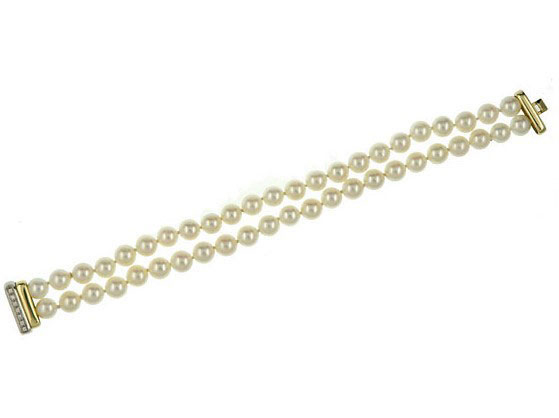 Armband Akoya Zuchtperlen 8mm 18kt Gelb/Weißgold 37,0g Diamant Handarbeit