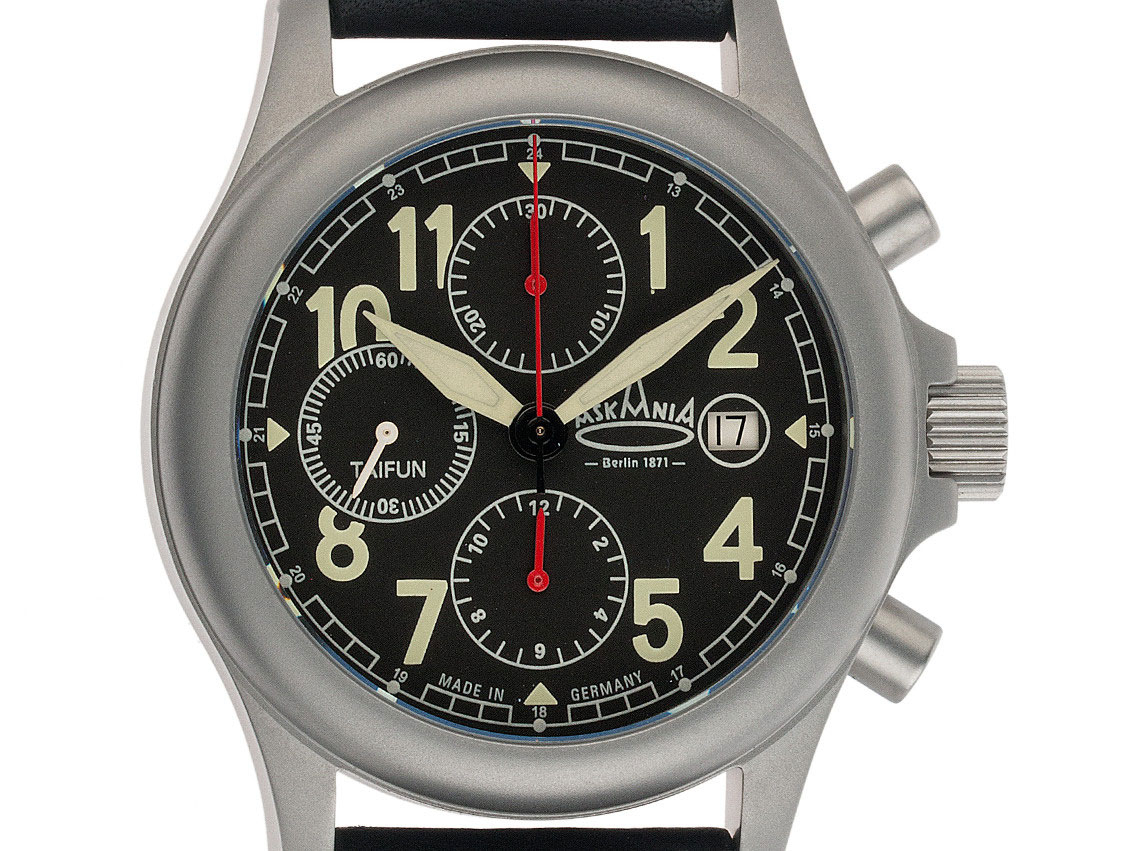 Askania Taifun Stahl Automatik Chronograph Armband Leder 42mm Ref.TAI-5702 Box&Pap Full Set Neu