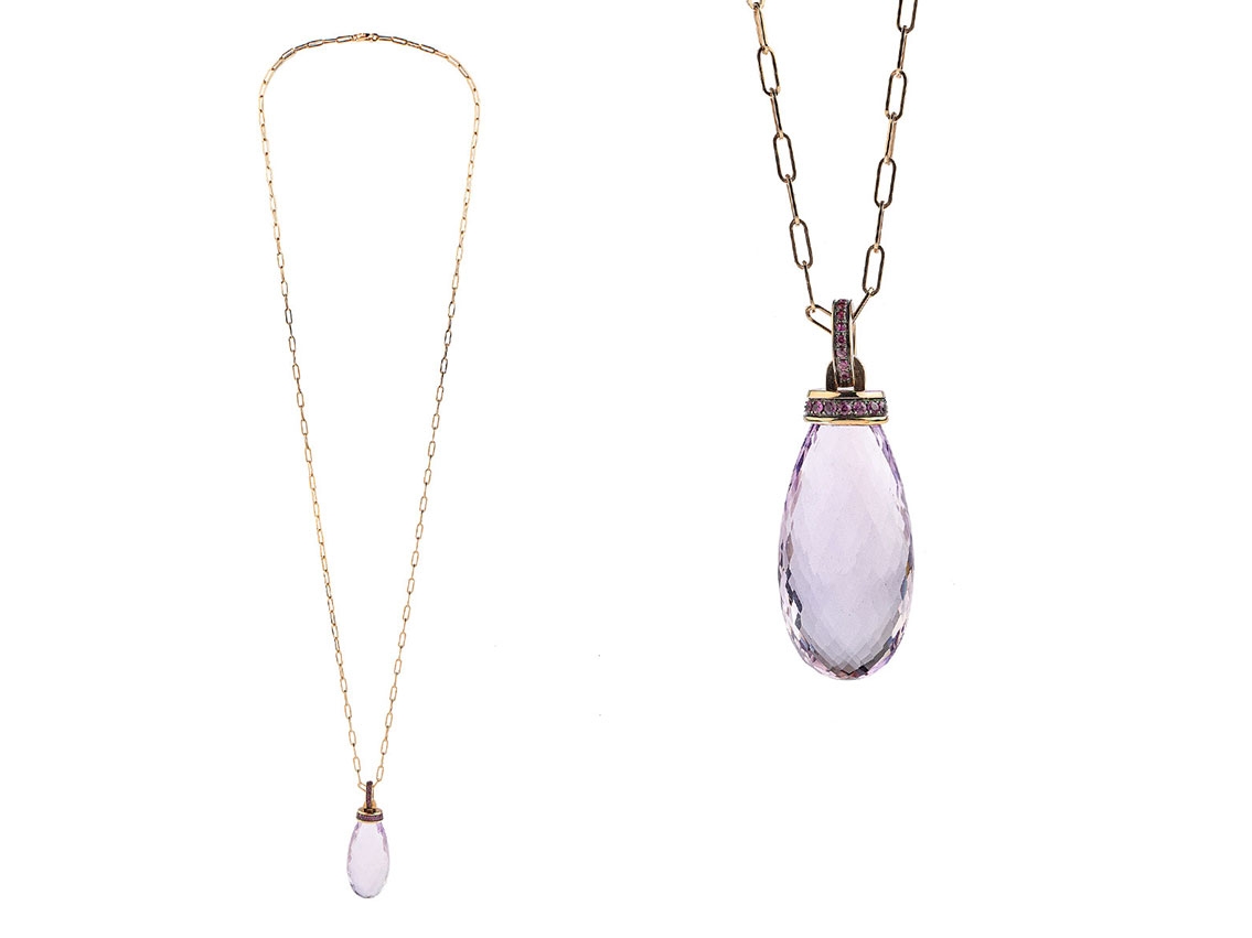 Alberti Halskette Anhänger Tropfen 18kt Roségold 26,9g Amethyst 69,95ct pinke Saphire 0,31ct 700mm