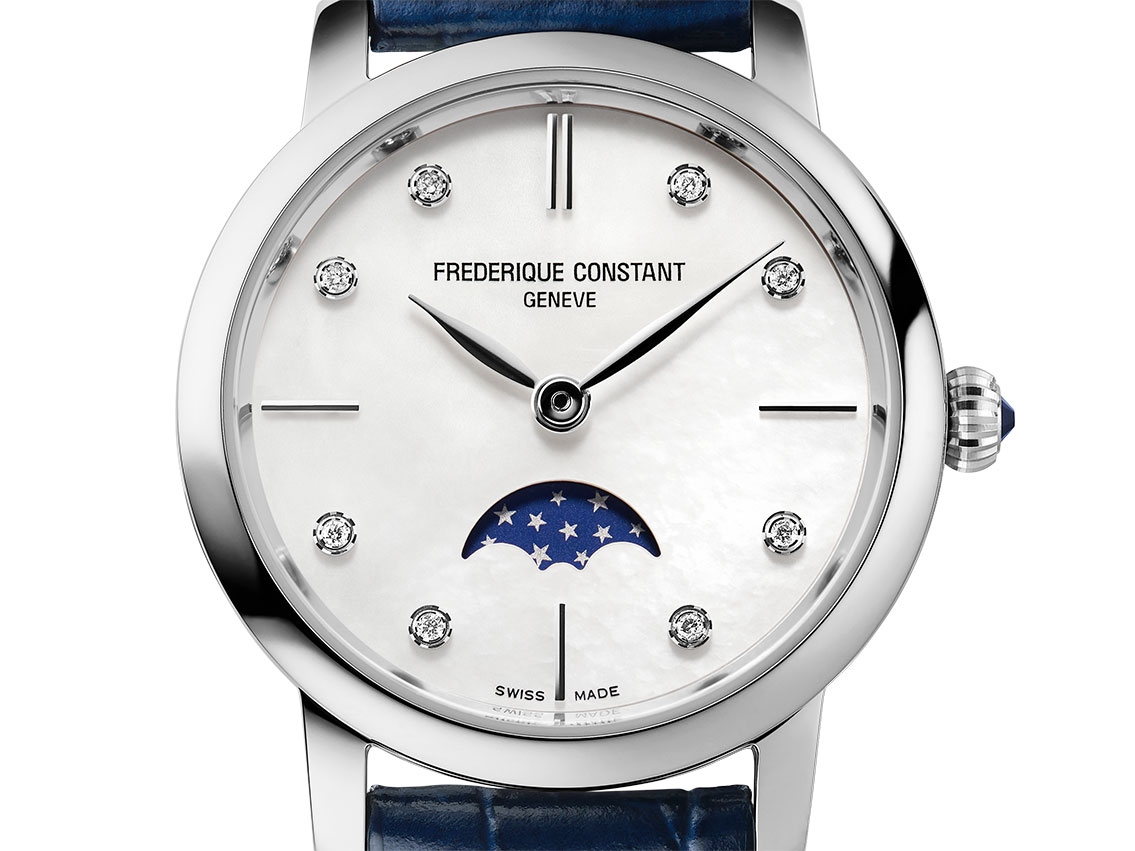 Frederique Constant Ultra Slim Ladies Stahl Diamanten Perlmutt Quarz Mondphase Armband Leder 30mm Ref.FC-206MPWD1S6 Box&Pap. Full Set Neu