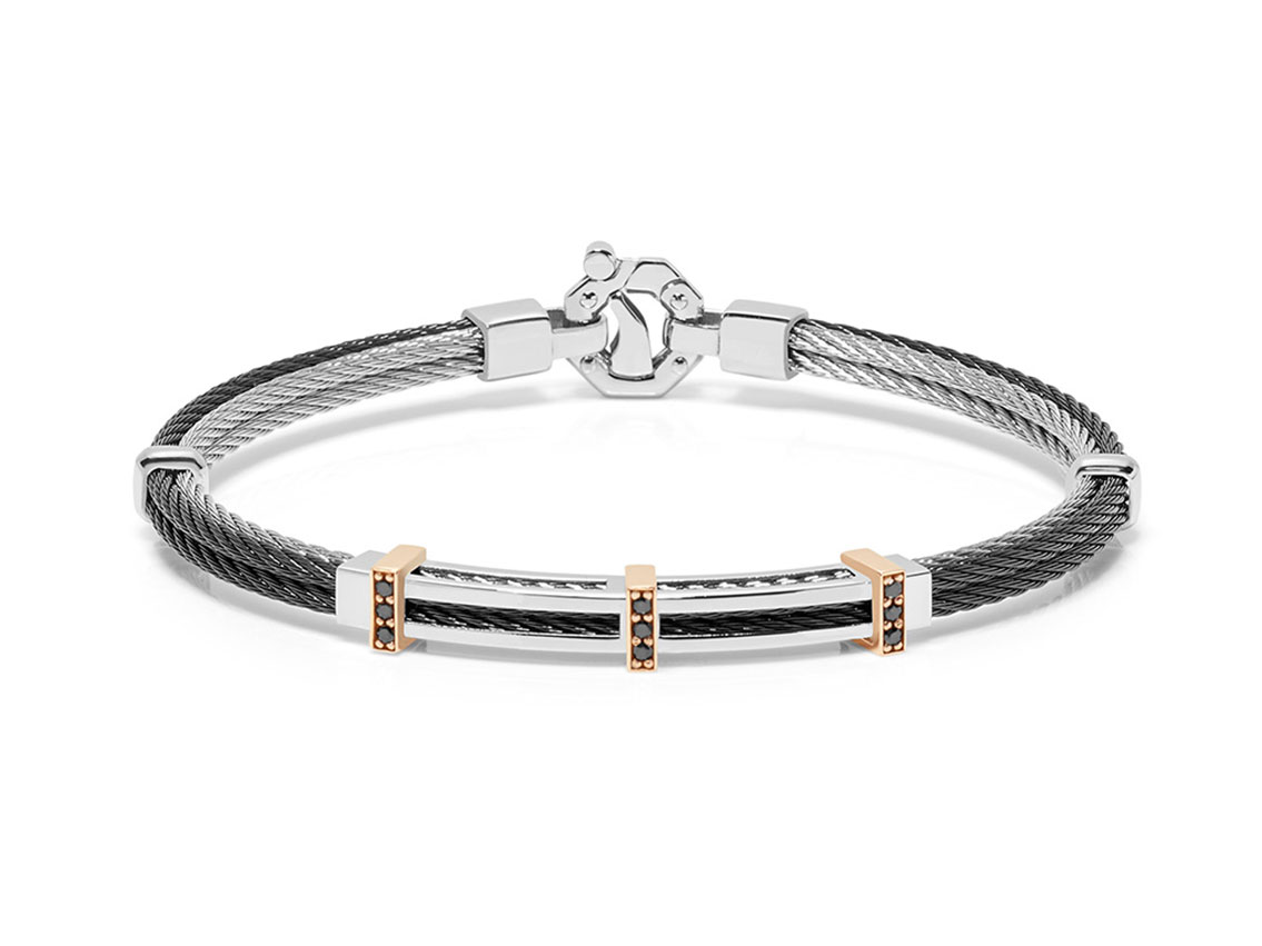 Baraka Armband 18kt Roségold Stahl PVD schwarz Diamanten 0,16ct Neu