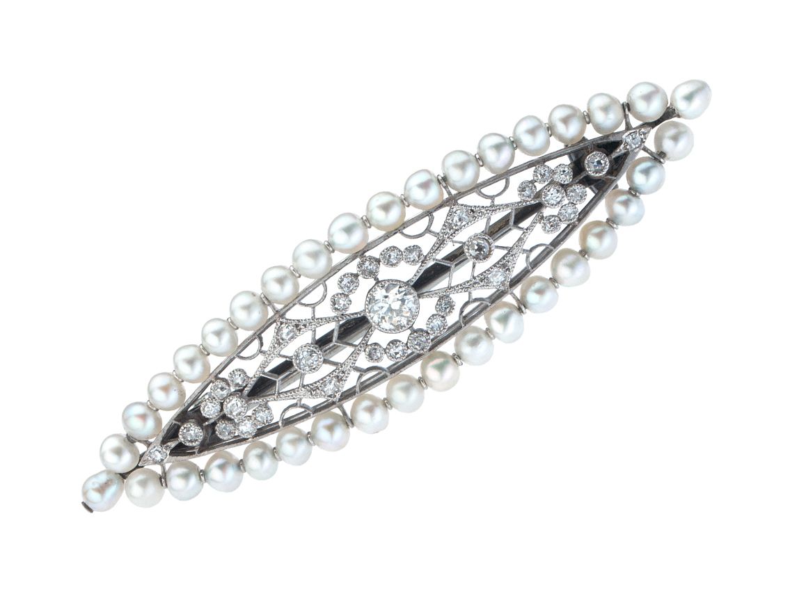 Brosche Antik Platin Diamanten Perlen Handarbeit Vintage Bj.1920