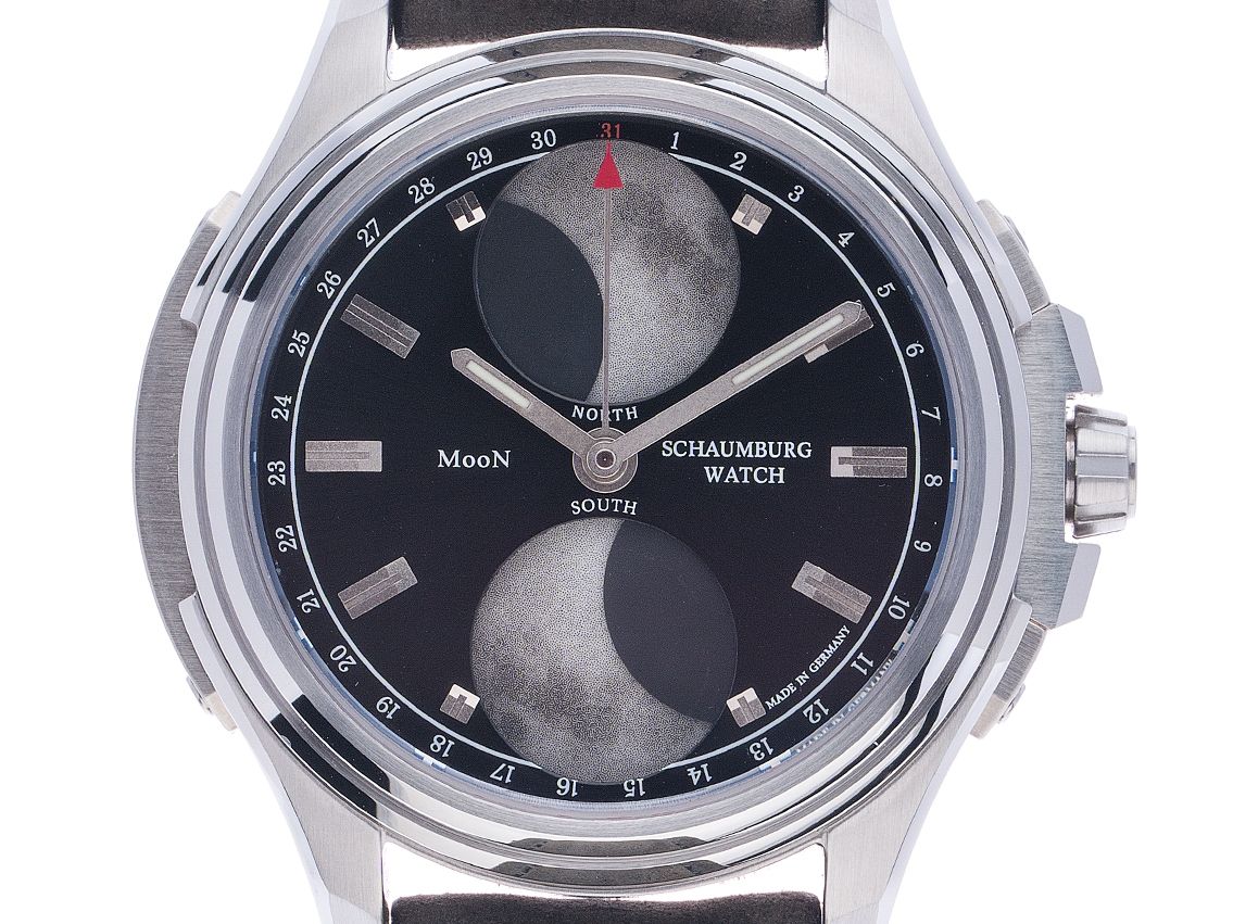 Schaumburg Watch Urbanic Double Moon schwarz Stahl Automatik Armband Leder 45mm Box&Pap. Full Set Neu