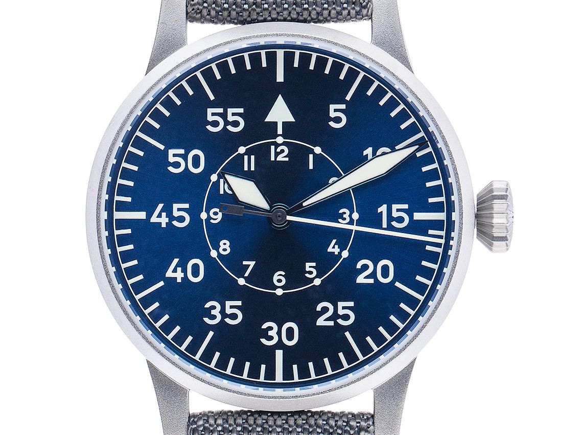 Laco Fliegeruhr Paderborn blaue Stunde Stahl Automatik Armband Nylon 42mm Box&Pap. Full Set Neu