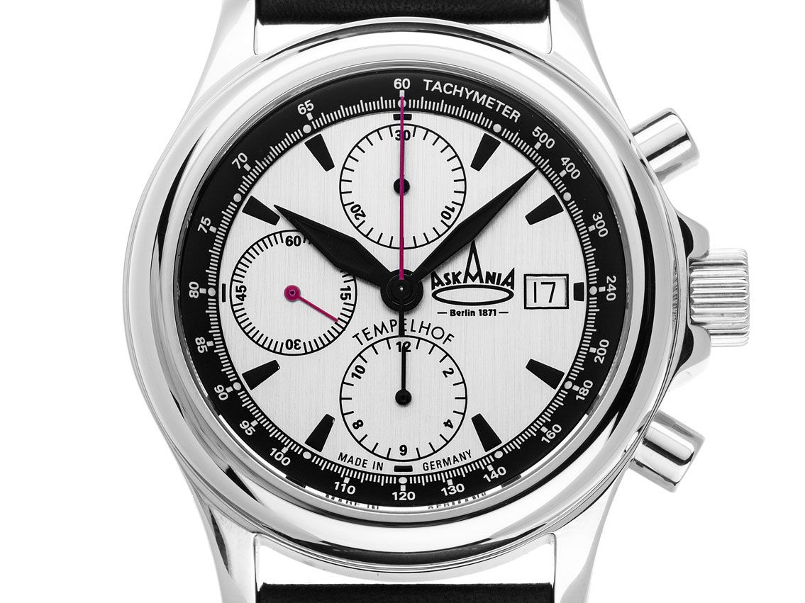Askania Tempelhof Stahl Automatik Chronograph Armband Leder 42mm Ref.TEM-6103 Box&Pap. Full Set Neu
