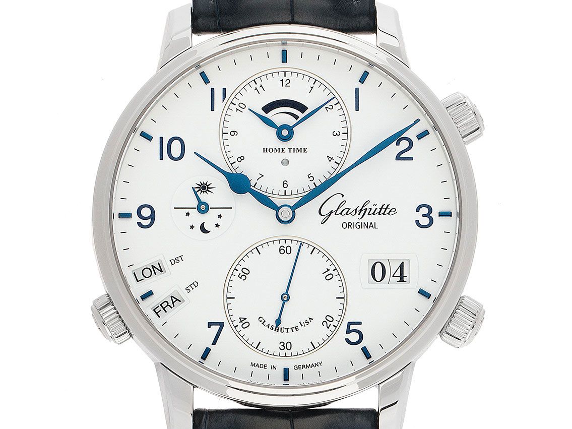 Glashütte Original Senator Cosmopolite Weltzeit Großdatum Stahl Automatik Armband Leder Faltschließe 44mm Box&Pap. Full Set Ungetragen