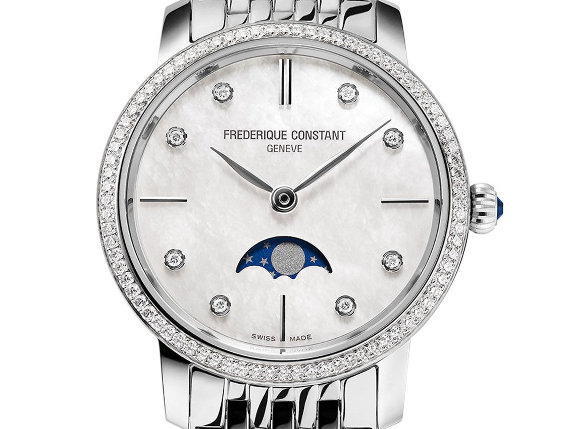 Frederique Constant Ultra Slim Ladies Stahl Diamanten Perlmutt Quarz Mondphase Armband Stahl 30mm Ref.FC-206MPWD1SD6B Box&Pap. Full Set Neu