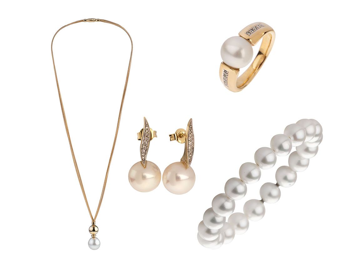 Schmuckset Südseeperlen Collier Ring Armband Ohrstecker 18kt Gelbgold 39,7g Diamanten 0,18ct Südsee Zuchtperle