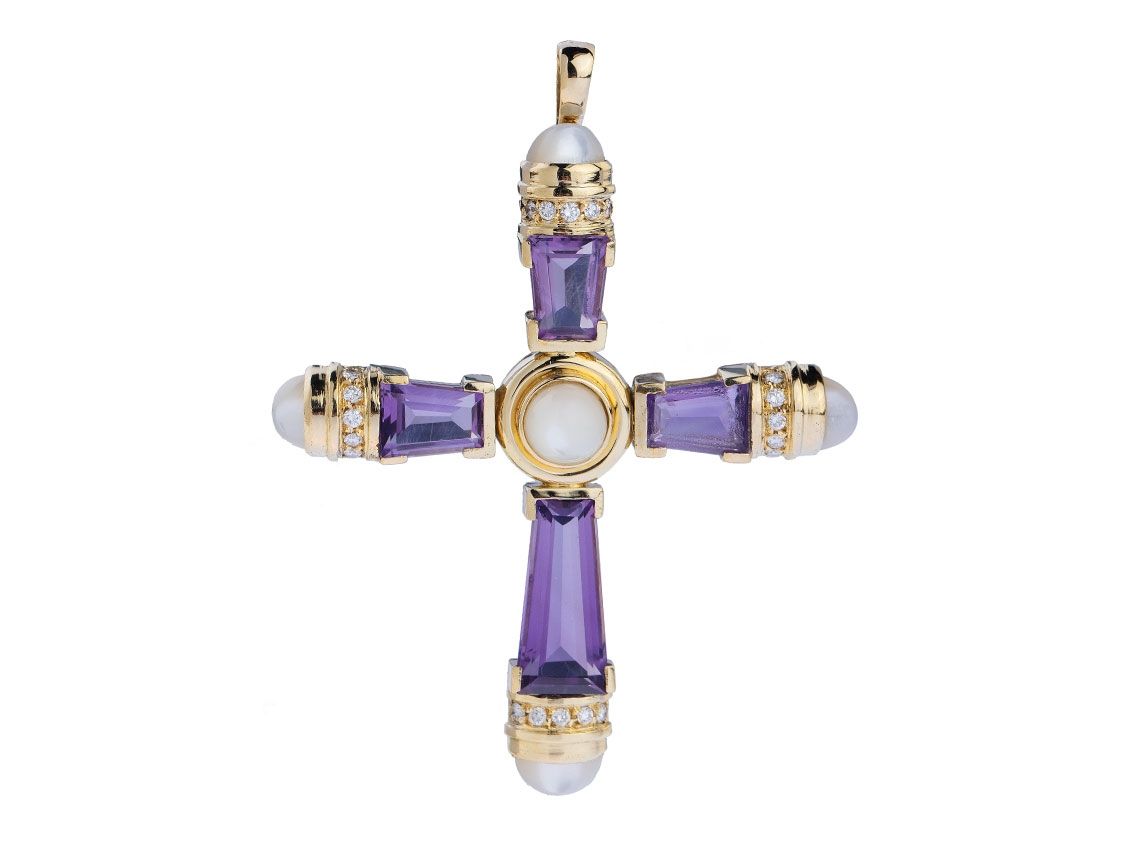 Anhänger Kreuz 18kt Gelbgold 19,6g Diamanten 0,40ct Amethyst Mondstein