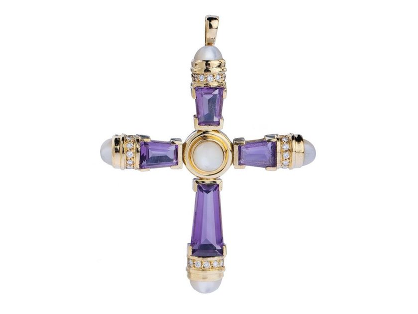 Anhänger Kreuz 18kt Gelbgold 19,6g Diamanten 0,40ct Amethyst Mondstein