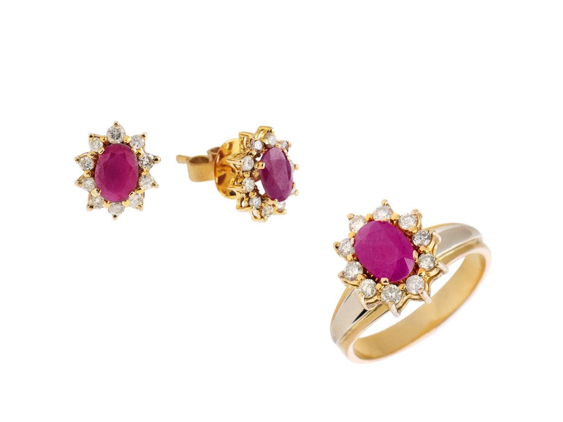 Schmuckset Ring Ohrstecker 14kt Gelbgold 3,7g Diamanten 0,90ct Rubin 
