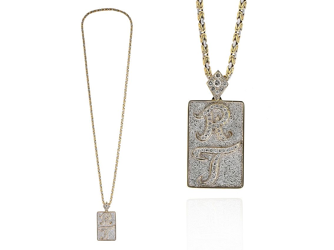 Königskette Anhänger Plakette 14kt Gelb/Weißgold 83,5g Diamanten 3,58ct Handarbeit