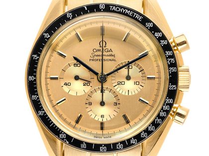 Omega Speedmaster Moonwatch Professional Apollo XI 18kt Gelbgold Handaufzug Chronograph Armband 18kt Gelbgold Limitiert 42mm Ref.345.0802 Bj.1980 Box&Beschreibung Original Unpoliert