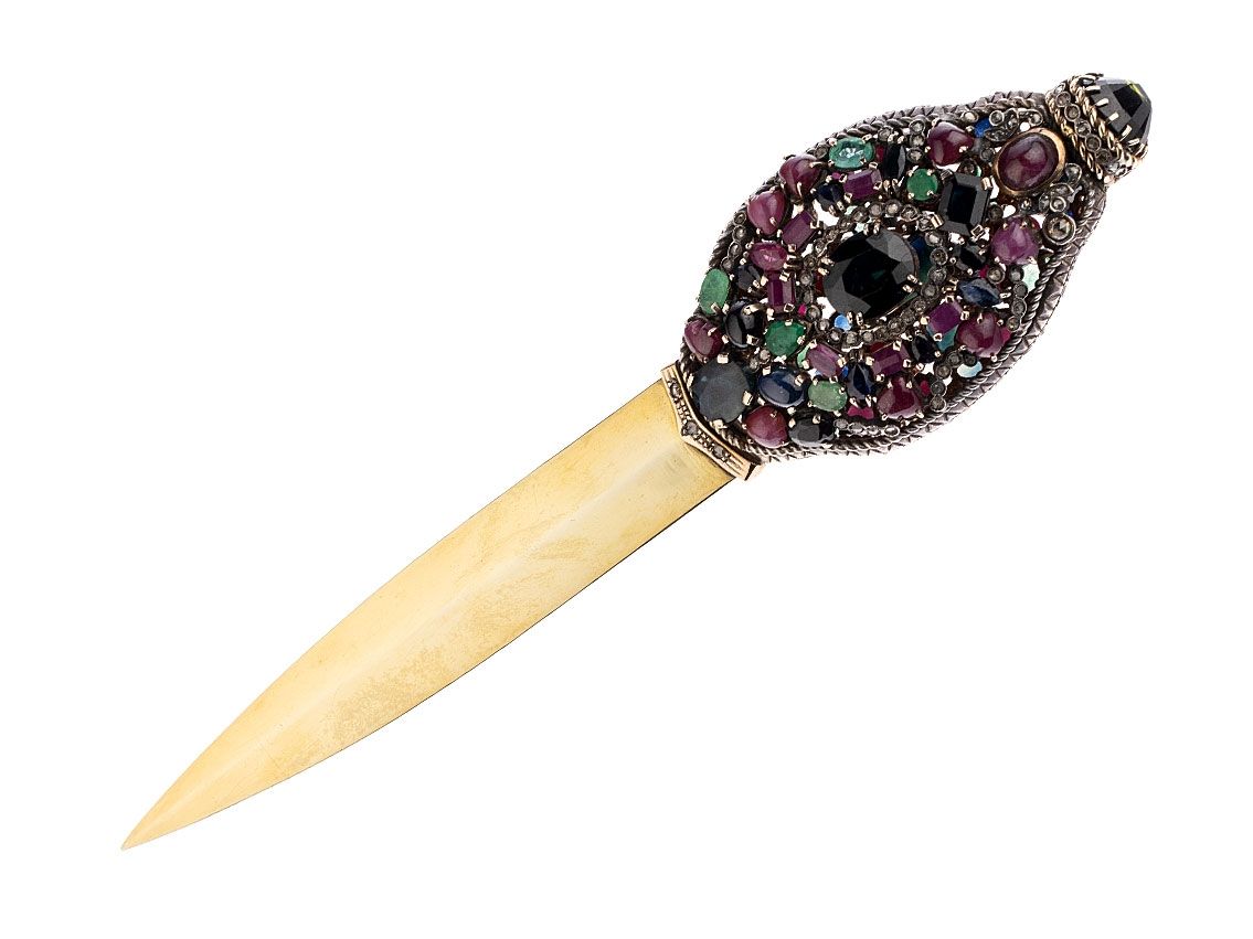 Brieföffner Silber 14kt Gelbgold Silber vergoldet Diamanten Rubine Saphire Smaragde 100ct 139g
