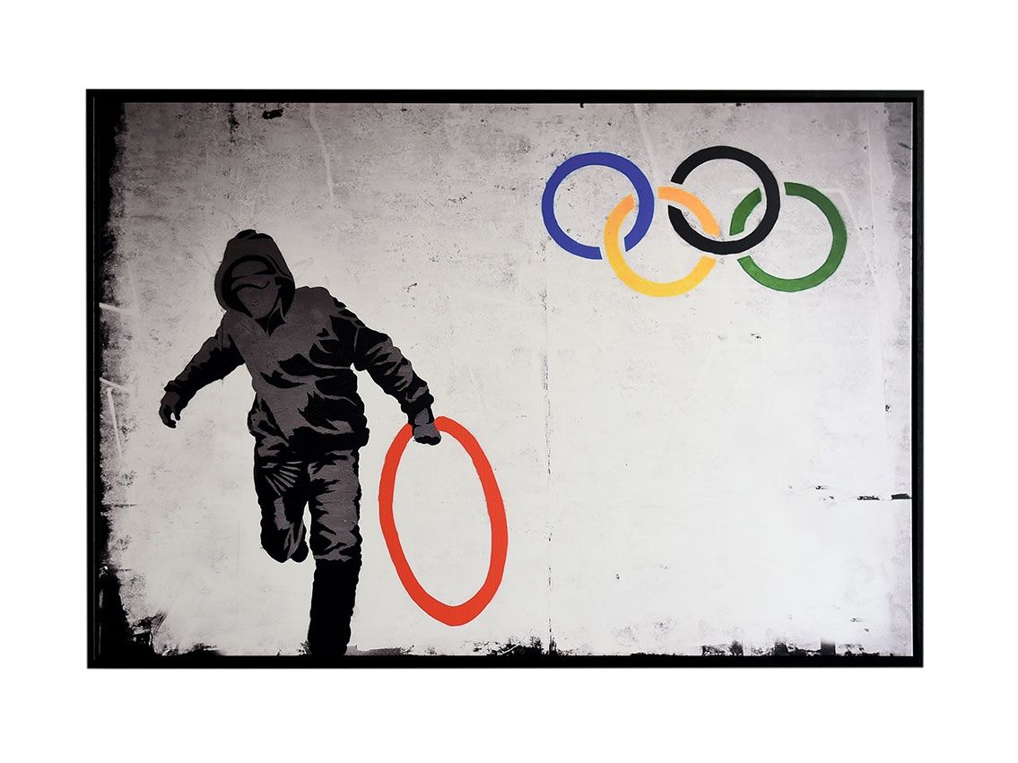 Pop Art Gemälde Banksy Olympic Rings Looter Canvas " Motiv Banksy " 150 x 100cm