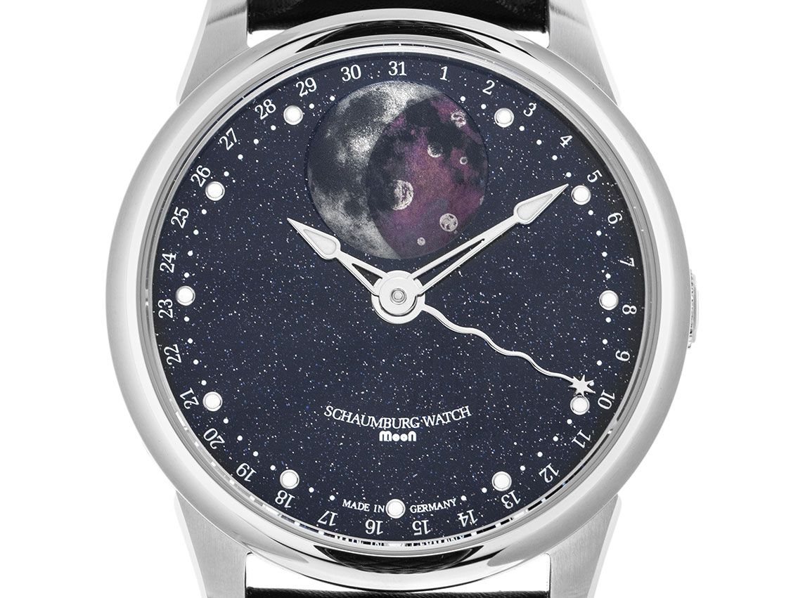 Schaumburg Watch MooN Galaxy Planetarium Stahl Automatik Mondphase Armband Leder 43mm Box&Pap. Full Set Neu