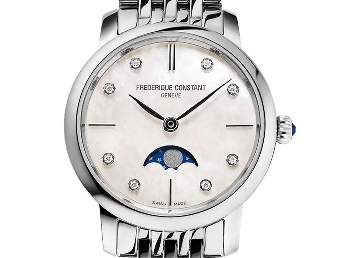 Frederique Constant Ultra Slim Ladies Stahl Diamanten Perlmutt Quarz Mondphase Armband Stahl 30mm Ref.FC-206MPWD1S6B Box&Pap. Full Set Neu