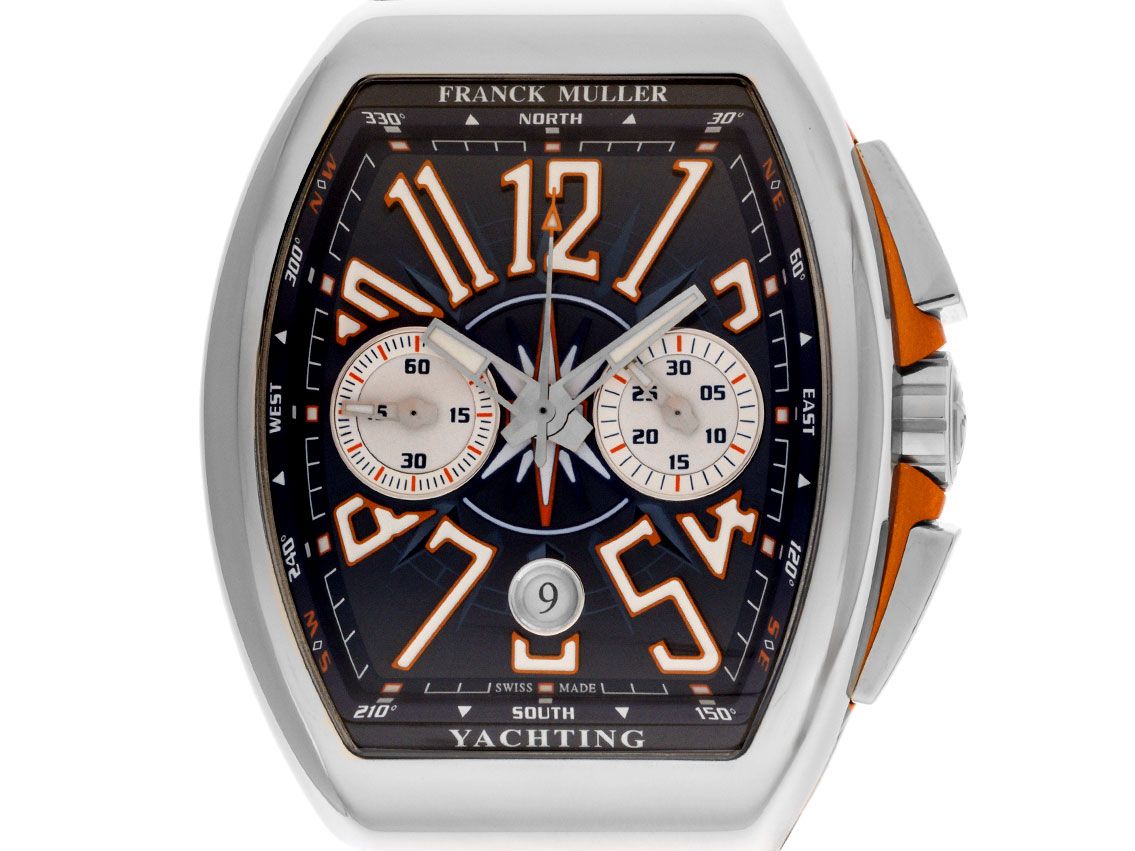 Franck Muller Vanguard Yachting Chronograph Stahl Automatik Armband Krokoleder Kautschuk Faltschließe 53,7x44mm Ref.V45 CCDT AC Yacht Box&Pap. Full Set Neu 