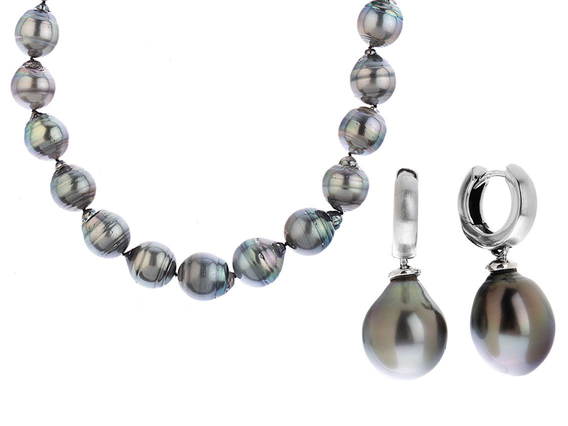 Schmuckset Halskette Ohrringe 14kt Weißgold Tahiti Zuchtperlen 121,9g 440mm