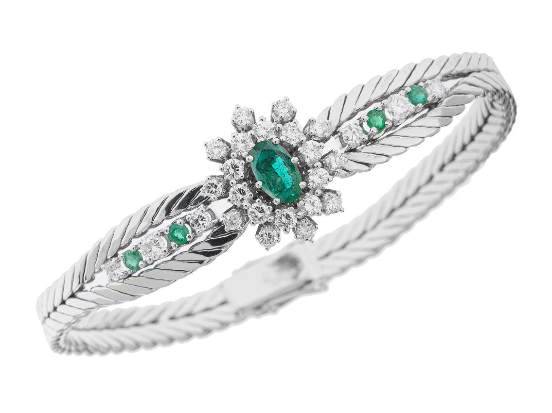 Armband 18kt Weißgold 37,5g Diamanten 1,92ct Smaragde 1,2ct 180mm