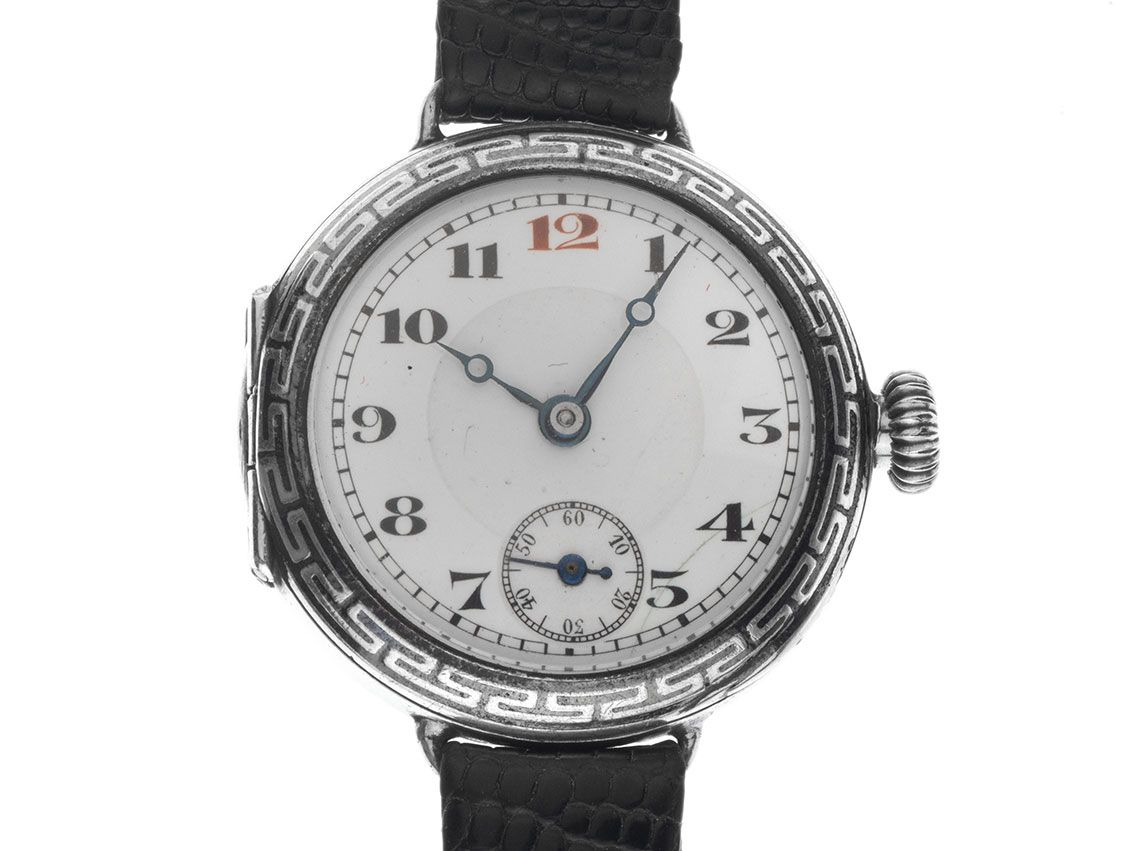 Rolex 935 Silber Klappdeckel Trench WW Niello Verzierung 1910 original Box original unpoliert