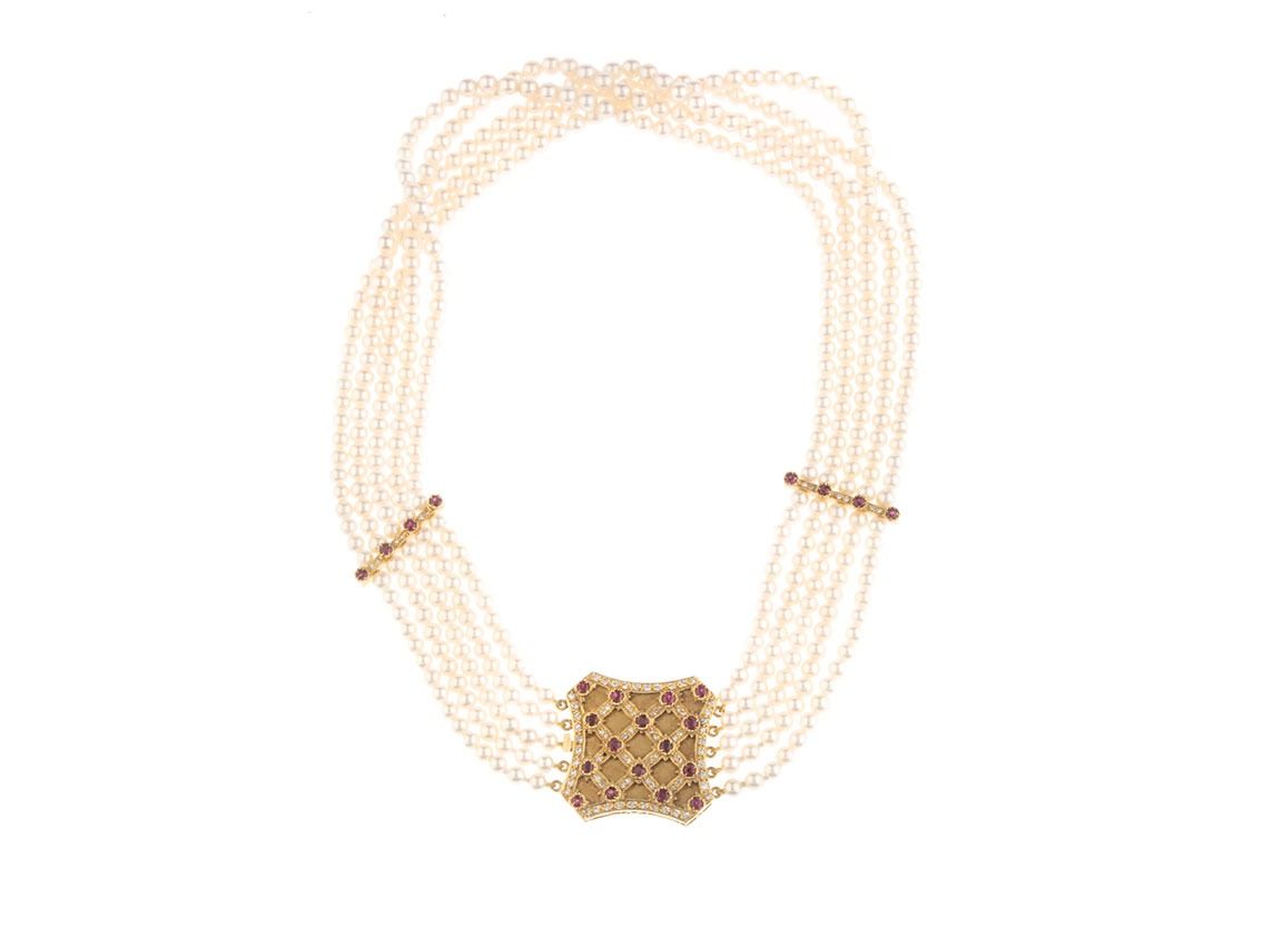 Collier Akoya Zuchtperlen 4,0-4,5mm 18kt Gelbgold 69,4g Diamanten 0,40ct Rubine 0,90ct 390mm 