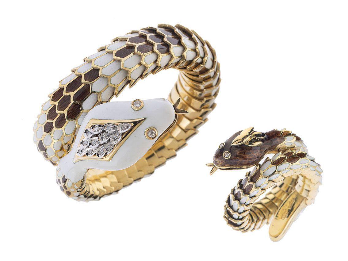 Set Armreif Ring Schlange 18kt Gelbgold Diamanten Emaille 130g 