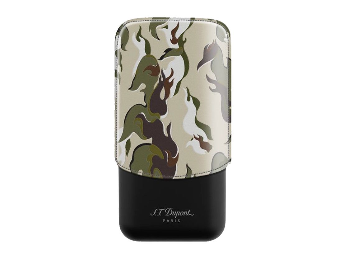 S.T. Dupont 3er Zigarren Etui Stahl Black Matt Leder Camo Kaki Ref.183450 Full Set