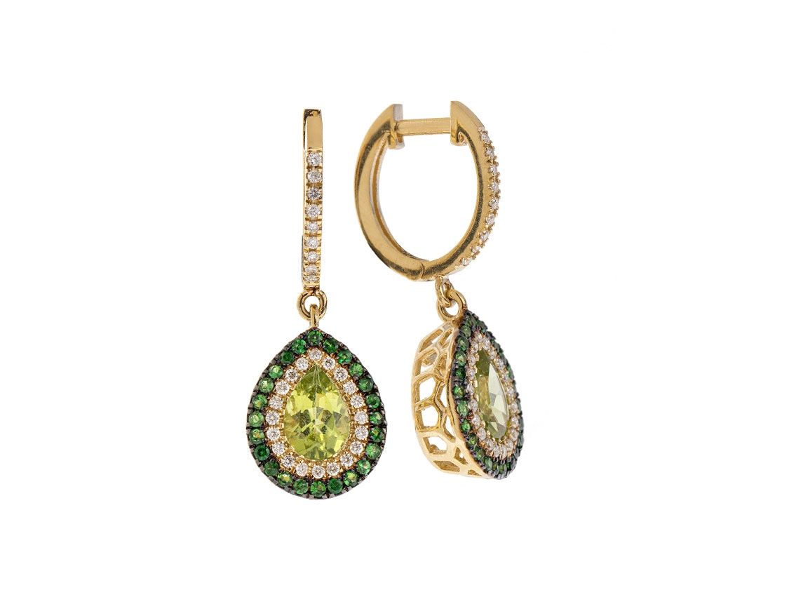 Palido Ohrring Tropfen 18kt Gelbgold 4,2g Diamanten 0,24ct Peridot 1,36ct Tsavorit 0,36ct 