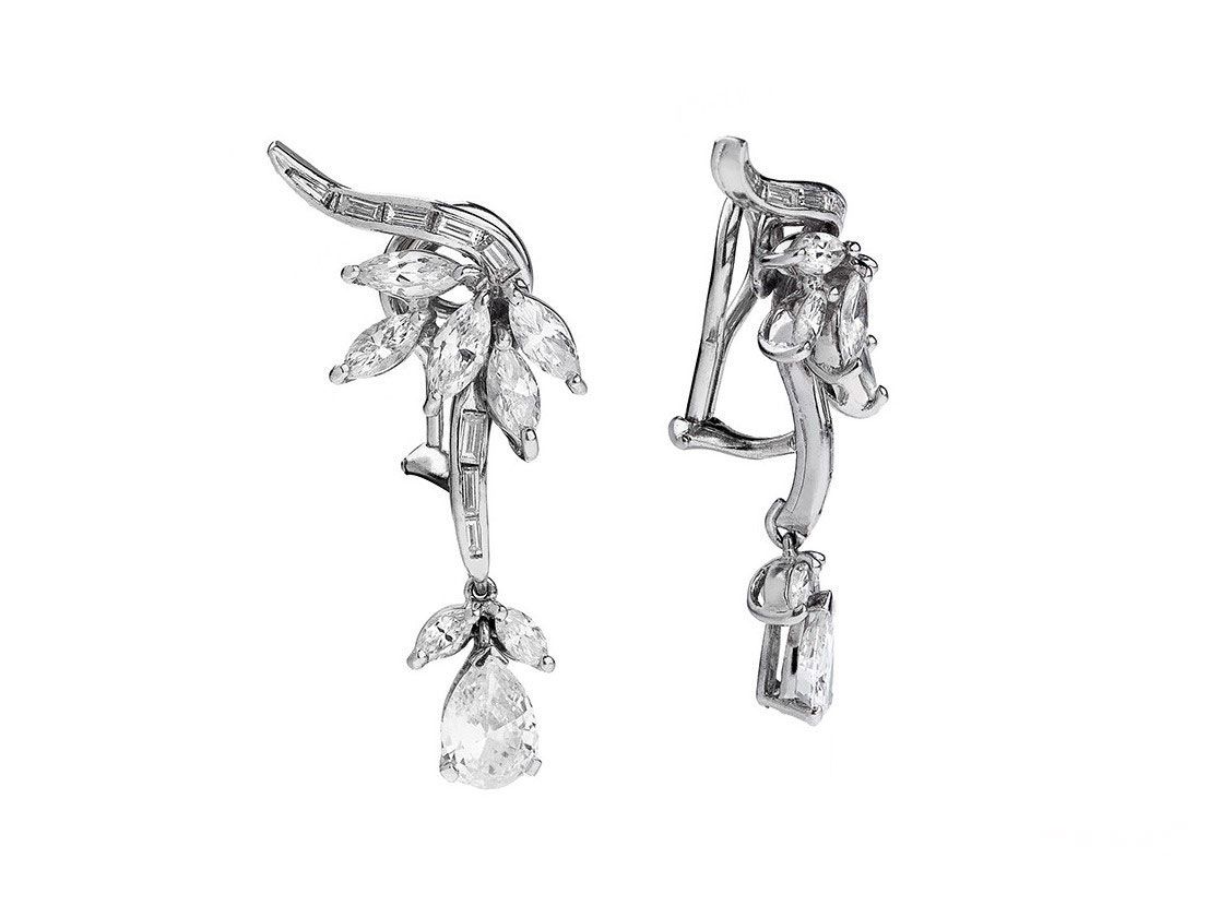 Ohrring Clip Hänger 18kt Weißgold 11,0g Diamanten 4,00ct Vintage um 1930 Handarbeit
