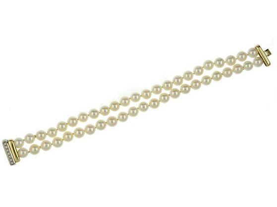 Armband Akoya Zuchtperlen 8mm 18kt Gelb/Weißgold 37,0g Diamant Handarbeit