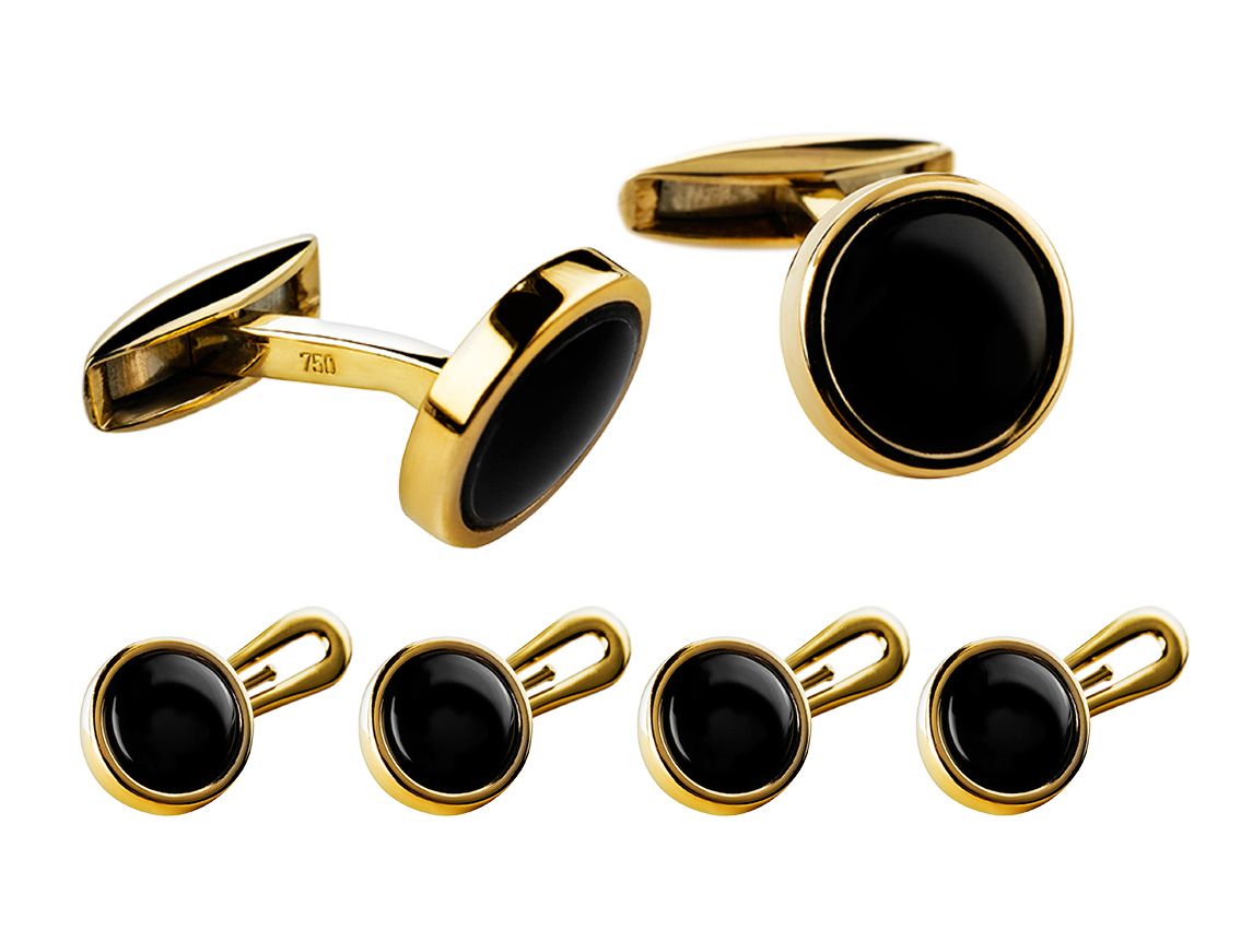 Manschettenknöpfe & Hemdknöpfe Set 18kt Gelbgold Onyx Slim mit Klappbügel Handarbeit 