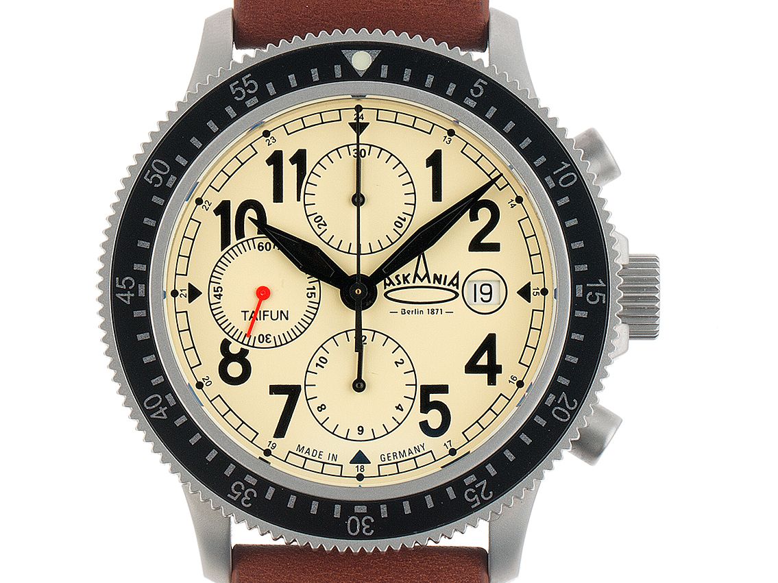 Askania Taifun Stahl Automatik Chronograph Armband Leder 42mm Ref.TAI-5711 Box&Pap Full Set Neu
